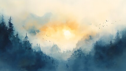 Misty sunrise mountain valley landscape