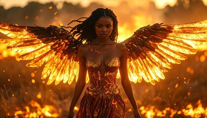 Golden Phoenix Spirit: Majestic Black Woman with Fiery Wings and Glowing Gown in Sunset Landscape