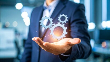 Scene with a blurred man in a suit holding three spinning gears in the palm of his hand