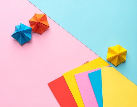Flat lay of colorful origami papers and shapes on pastel background, craft and DIY theme