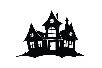 Silhouette vector art illustration of a haunted house with crooked windows.eps