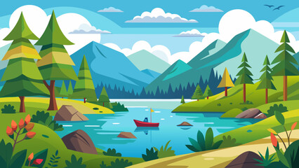 Serene mountain lake with red boat and lush greenery under a blue sky