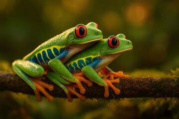 Obraz premium Two red eyed tree frogs relaxing on a branch in the rainforest