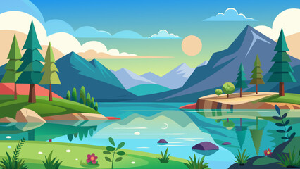 Vibrant flat design landscape with mountains lake and trees at sunrise