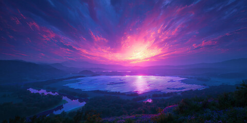 Naklejka premium Vivid sunset above a scenic landscape and solar panel array