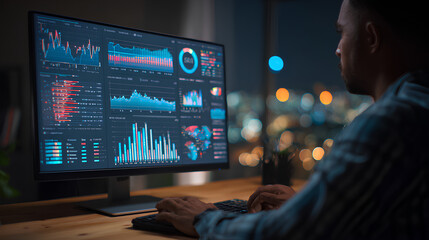 Fototapeta premium An analyst uses a computer and dashboard for data business analysis and Data Management System, Customers database, gather information to report. Data science technology and digital marketing