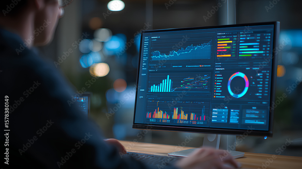 Poster an analyst uses a computer and dashboard for data business analysis and data management system, cust