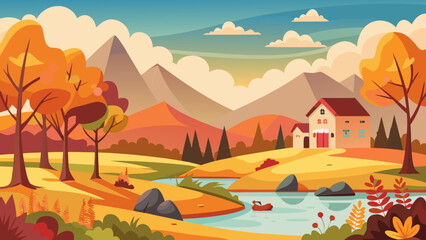 Charming autumn landscape with a cozy house by a tranquil river and colorful trees