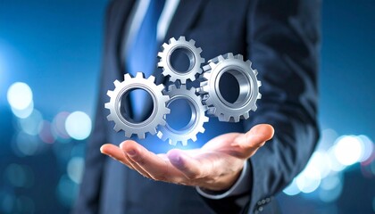 Scene with a blurred man in a suit holding three spinning gears in the palm of his hand