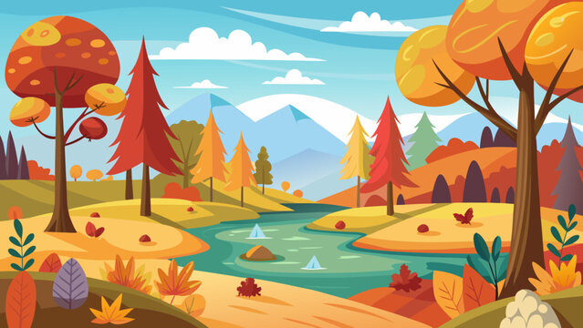 Vibrant autumn landscape with winding river and snow capped mountains