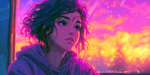 Young woman contemplating with vivid background and vibrant artistic style