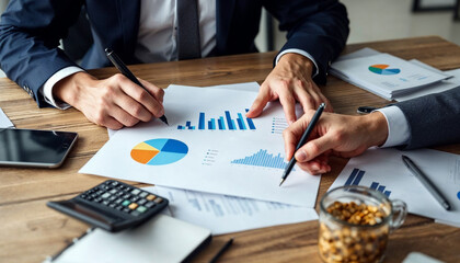 Business colleagues analyzing financial data at a table. Suitable for presentations, reports, financial articles, website graphics, and business concepts.