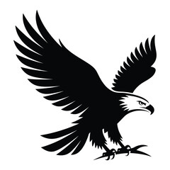 Obraz premium Eagle Silhouette Illustration in Flight with Spread Wings and Talons Gripping Branch over Mountain Line Background, Graphic Bold Design with Clean Contrast