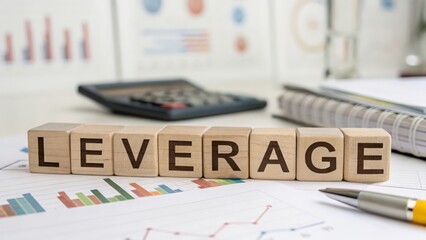 Wooden blocks spelling "LEVERAGE" on desk with soft focus finance charts
