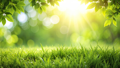 Fototapeta premium Green grass with sun rays and leaves in natural bright bokeh background creating fresh mood