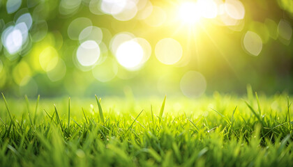 Fototapeta premium Green grass with sunlight and natural bokeh background creating warm and peaceful atmosphere
