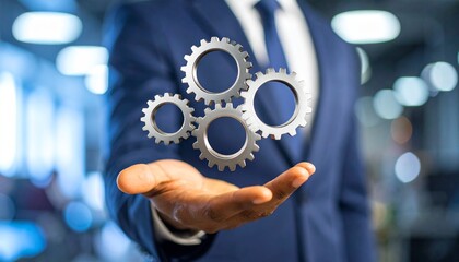 Scene with a blurred man in a suit holding three spinning gears in the palm of his hand