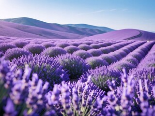 Fototapeta premium Lavender Field in Provence:Rows of vibrant purple lavender flowers stretch across a gently rolling landscape under a bright, summer sky. The scene evokes serenity and the beauty of nature's artistry.