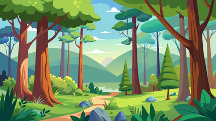 Vibrant cartoon forest landscape with a winding path and distant mountains