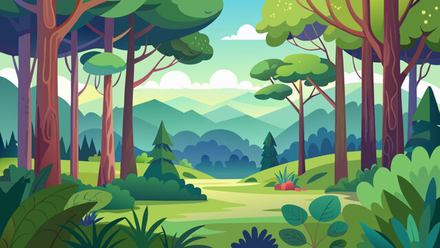 Vibrant cartoon forest landscape with rolling hills and distant mountains