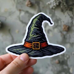 A person hand is holding a Halloween witch cap sticker
