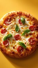 Pizza with Tomato and Basil on Yellow Background for Menu and Recipe Ideas