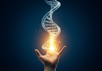 Obraz premium Glowing DNA Helix Above Open Hand Against Dark Blue Background