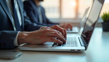 Group of businesspeople typing on laptops together, collaborating at a shared desk. Suitable for teamwork, collaboration, office, technology concepts.