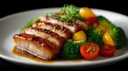 Pork Belly Slices with Broccoli and Tomatoes Create a Delicious Food Dish for Gourmet Cuisine