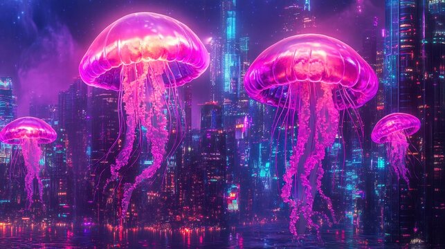 neon jellyfish dancing under futuristic neon city sky