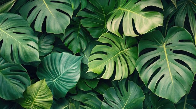 Tropical leaf pattern wallpaper with lush green foliage.