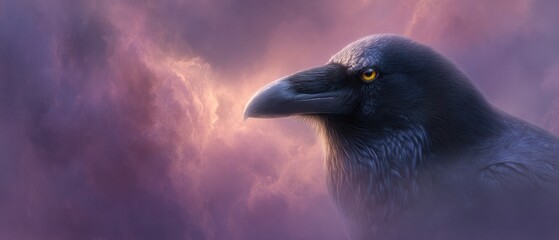 Raven portrait against a backdrop of ethereal clouds evoking themes of mythology and wildlife