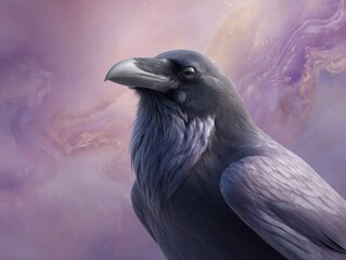 Raven portrait on marbled background captures bird symbolism and artistic fantasy