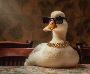 Anthropomorphized fashionable duck Duck with humorous accessories