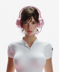 Female gamer wearing pink headset  Young woman with gaming headset Female character staring forward