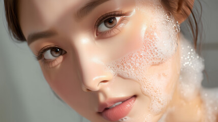 Skincare Beauty Shot of a Young Woman with Flawless Skin and Bubbles