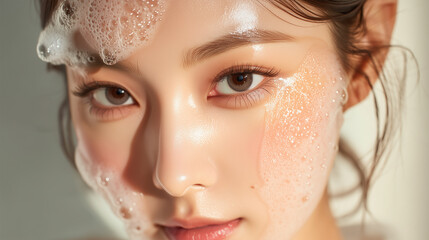 Happy Young Woman with a Gentle Smile Washing Her Face with Foam