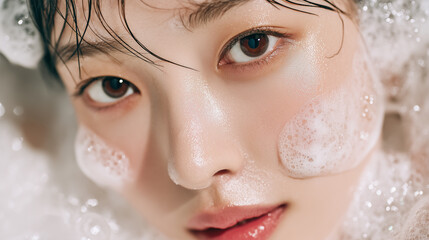  Intense Beauty Portrait of a Woman with Wet Hair and Cleansing Foam