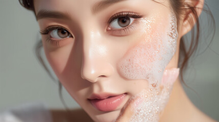 Happy Young Woman with Her Face Framed by Abundant Cleansing Foam