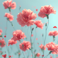 Dreamy Pink Carnations and Petals Floating in the Blue Sky
