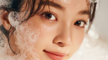 Beautiful Asian Woman with Gentle Cleansing Foam Bubbles on Her Face