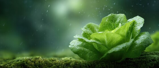 Romaine Lettuce Head Growing Under Rain on Mossy Bed Showcasing Freshness and Natural Beauty