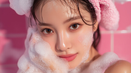 Ethereal Beauty Portrait with Floating Cleansing Bubbles