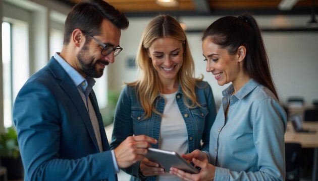 Three coworkers looking at a tablet during meeting. Perfect for business presentations, teamwork concepts, technology in the workplace visuals.