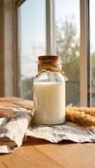 Glass milk bottle fresh dairy product rustic kitchen window light healthy drink nutrition