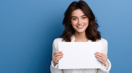 Smiling woman holding blank paper for advertising and presentation on solid background