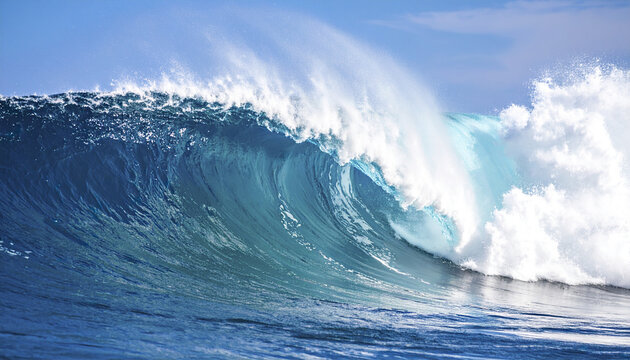Blue ocean wave barrel with white foam crest crashing in natural sea water - Powered by Adobe