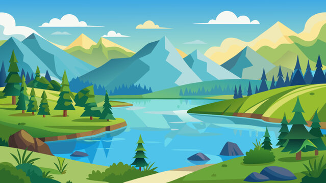 Serene mountain lake landscape with evergreen trees and rolling green hills