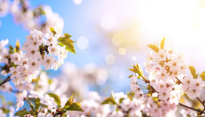 Fototapeta premium Cherry blossom flowers blooming in spring with sunlight and blue sky background