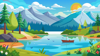 Serene mountain lake landscape with boat and lush greenery under a bright sunny sky